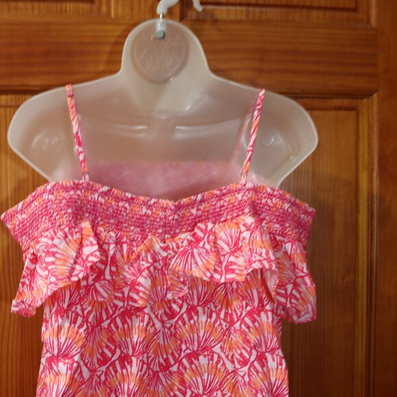 Vineyard Vines Pink & White Tropical Print Off Shoulder Tank Top Ruffle LG - Picture 7 of 12